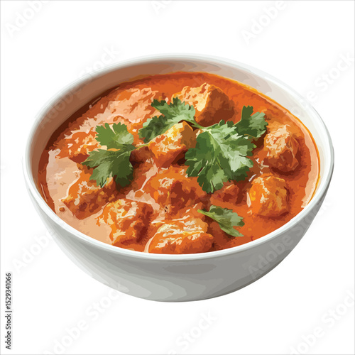 Indian butter chicken curry in white bowl cilantro garnish isolated on white background