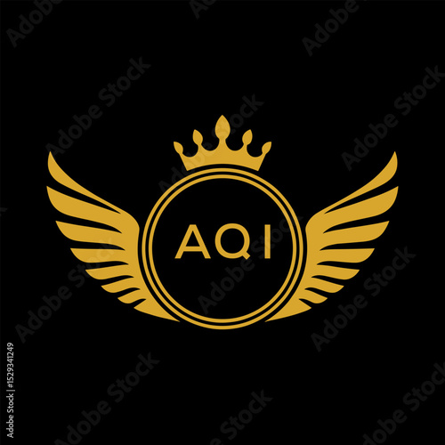 AQI Royal Golden Wing Logo with Crown and Initials - Premium Brand Identity Design on Black Background. AQI Letter Logo.
