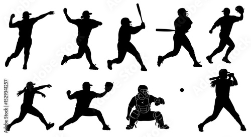 Silhouetted Baseball and Softball Players in Various Action Poses