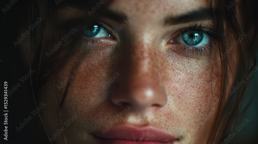 Fototapeta premium Close up portrait highlighting the captivating gaze and unique beauty of a young freckled woman, conveying confidence and determination through intense blue eyes and subtle smile