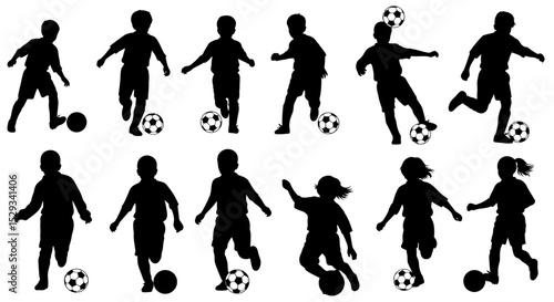 Silhouettes of Children Playing Soccer, Kicking and Dribbling Balls