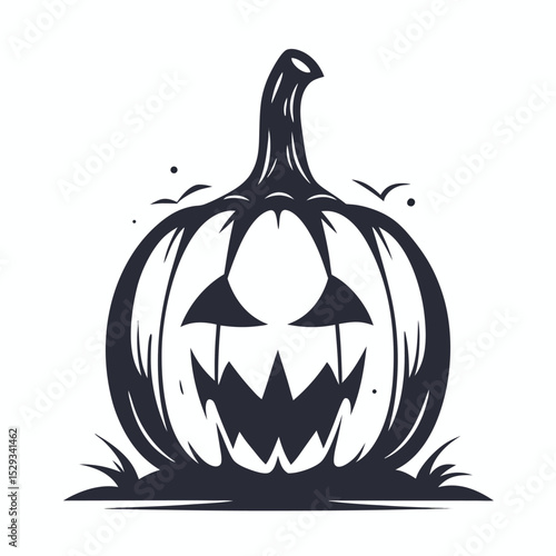 Simple jackolantern face on a black and white autumn pumpkin has a smiling visage