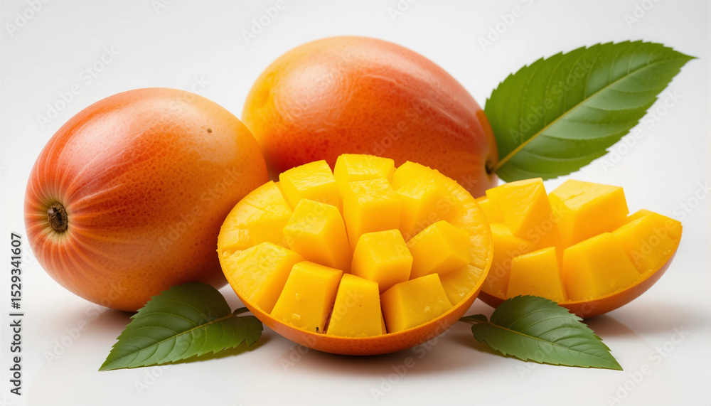 Fresh Ripe Mangoes with Sliced Cubes Tropical Fruits. Fresh Ripe Mangoes with Sliced Cubes Tropical Fruits.