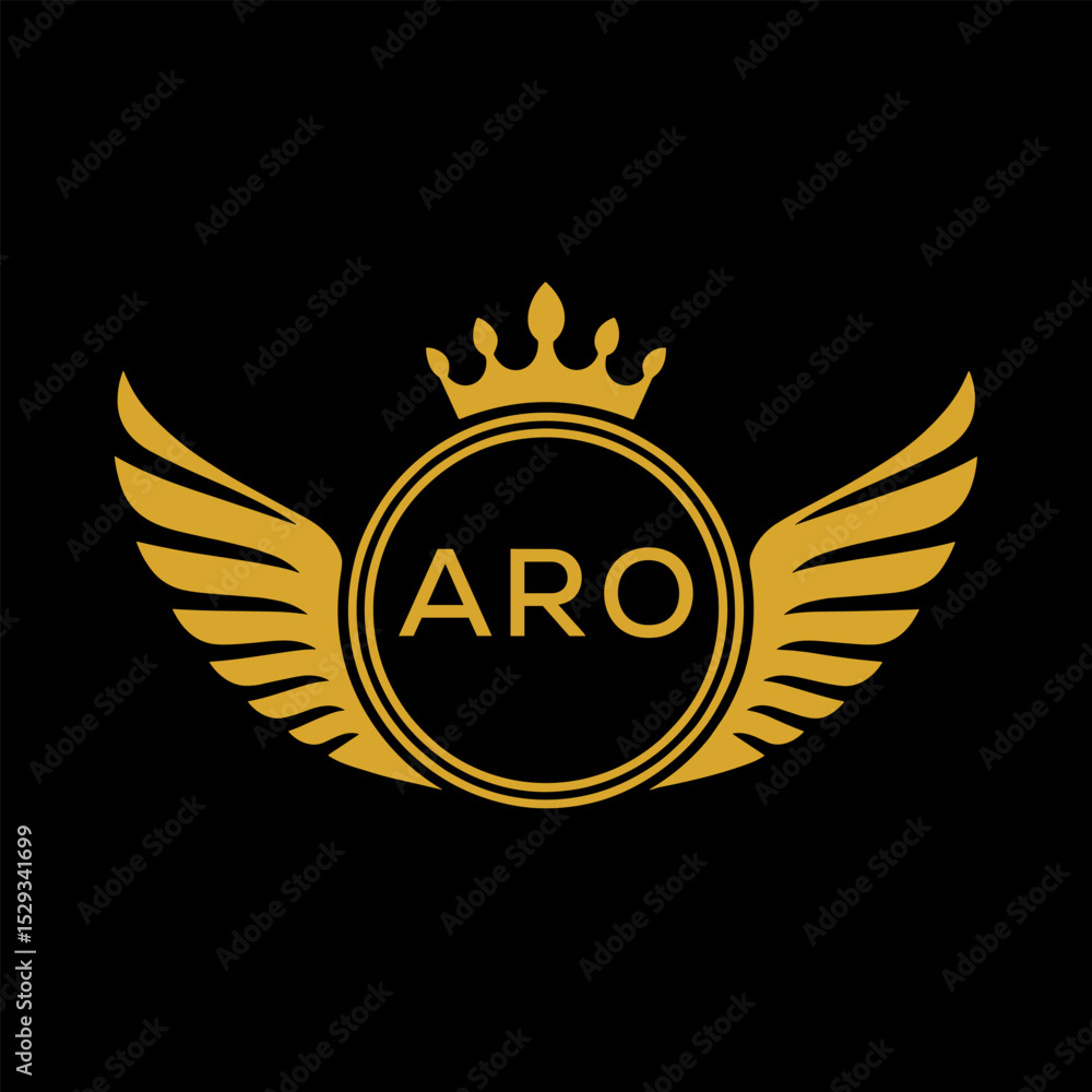 Naklejka premium ARO Royal Golden Wing Logo with Crown and Initials - Premium Brand Identity Design on Black Background. ARO Letter Logo. 