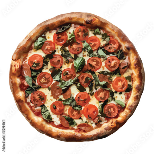 Delicious overhead pizza view with tomatoes basil and cheese isolated on white background
