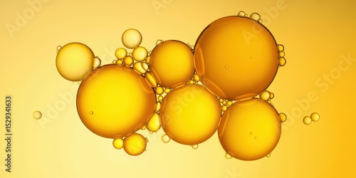 Macro shot of beautiful golden oil droplets and bubbles in water, creating an abstract and dynamic liquid background. Ideal for beauty, science, and health concepts.