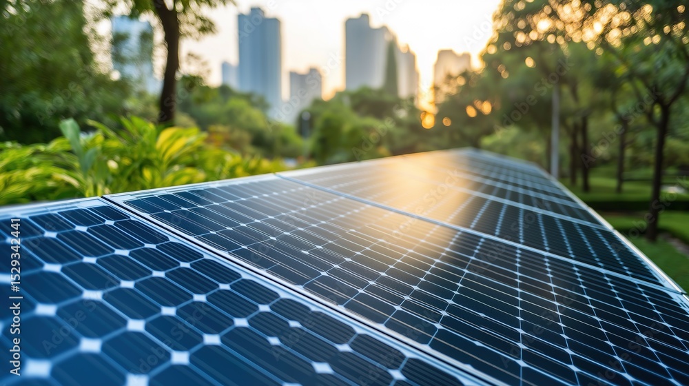 Fototapeta premium Urban solar panels blend with nature, symbolizing sustainable energy in modern cities.