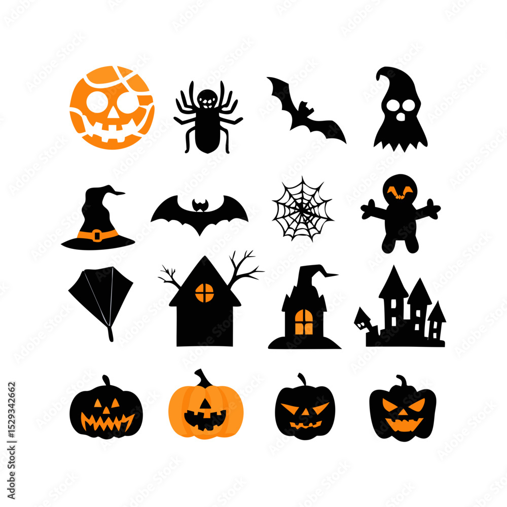 Obraz premium A collection of Halloween SVG icons designed in a clean and minimal vector style, featuring cute ghosts, carved pumpkins, bats, witch hats, and spooky treats.