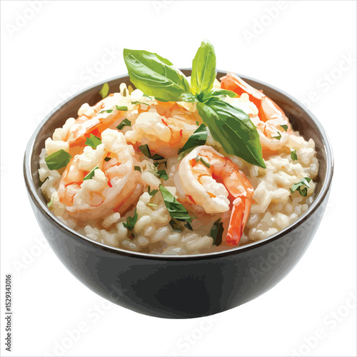 Delicious shrimp risotto in dark gray bowl with basil isolated on white background