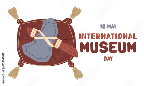 International Museum Day on May 18. prehistoric tool on a cushion with tassels. Flat color illustration for use in posters, articles, and social media related to science and history. Horizontal banner