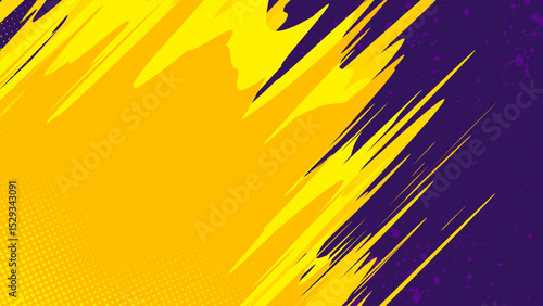 Purple background with yellow diagonal brush strokes and halftone dots.