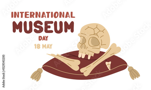 International Museum Day on May 18. A skull, bones, teeth on a pillow. Flat color illustration for use in posters, articles, and social media related to science and history. Horizontal banner