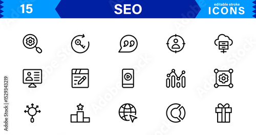 SEO Icon Set Featuring Search Engine Optimization, Keywords, Analytics, Ranking, and Traffic Concepts in a Clean, Professional Vector Style