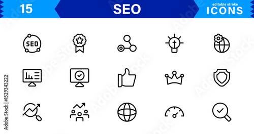 SEO Icon Set Featuring Search Engine Optimization, Keywords, Analytics, Ranking, and Traffic Concepts in a Clean, Professional Vector Style