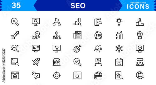 SEO Icon Set Featuring Search Engine Optimization, Keywords, Analytics, Ranking, and Traffic Concepts in a Clean, Professional Vector Style