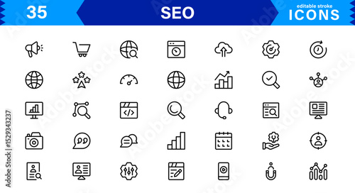 SEO Icon Set Featuring Search Engine Optimization, Keywords, Analytics, Ranking, and Traffic Concepts in a Clean, Professional Vector Style