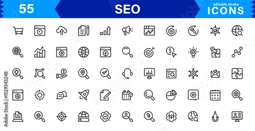 SEO Icon Set Featuring Search Engine Optimization, Keywords, Analytics, Ranking, and Traffic Concepts in a Clean, Professional Vector Style