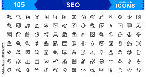 SEO Icon Set Featuring Search Engine Optimization, Keywords, Analytics, Ranking, and Traffic Concepts in a Clean, Professional Vector Style