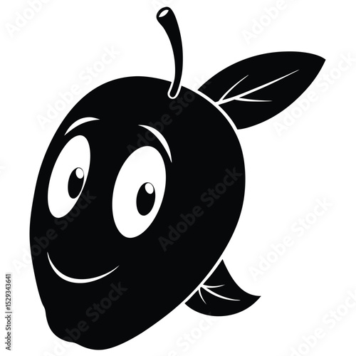 Smiling black cartoon mango character with leaves happily conveys its healthy nature