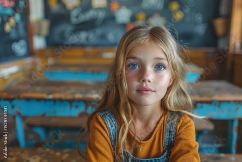 Wallpaper Mural A thoughtful girl seated in a rustic classroom, capturing the essence of learning and curiosity, portraying the introspective nature of youth within an educational setting. Torontodigital.ca