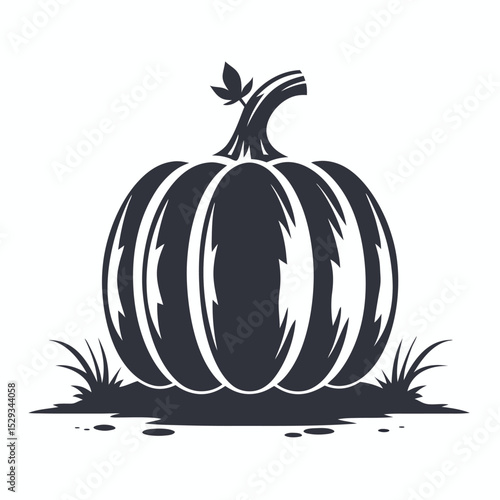 Solitary dark pumpkin stands on the earth and sprouts small leaves in monochrome
