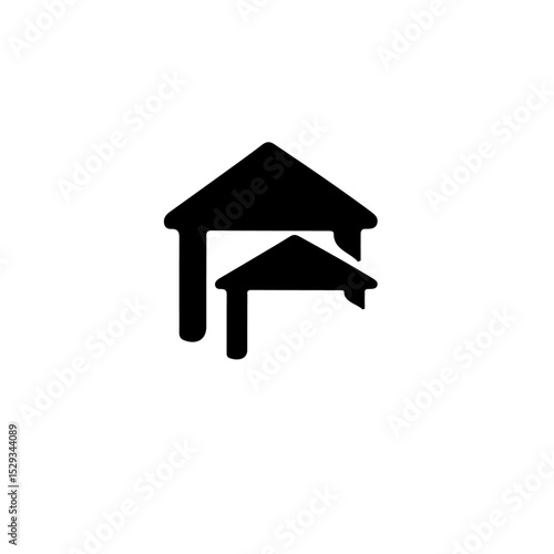 A simple black and white icon depicting two stylized houses one larger than the other in a minimalist style