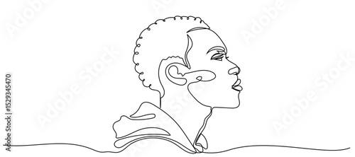Continuous line drawing of an African American man on a white background. Line art portrait of a young man emerging from water during a contemplation moment in a serene setting