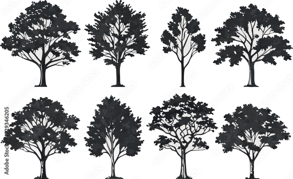 Fototapeta premium Collection of stylized silhouette trees in various shapes and detailed leaf structures