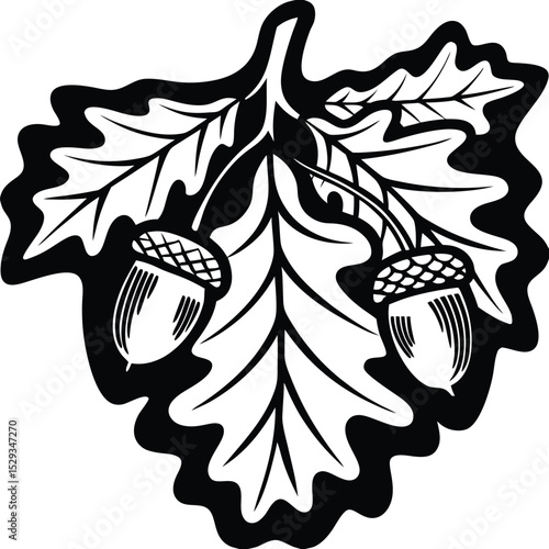 Two acorns dangle near the ornate oak leaf in a simple vector