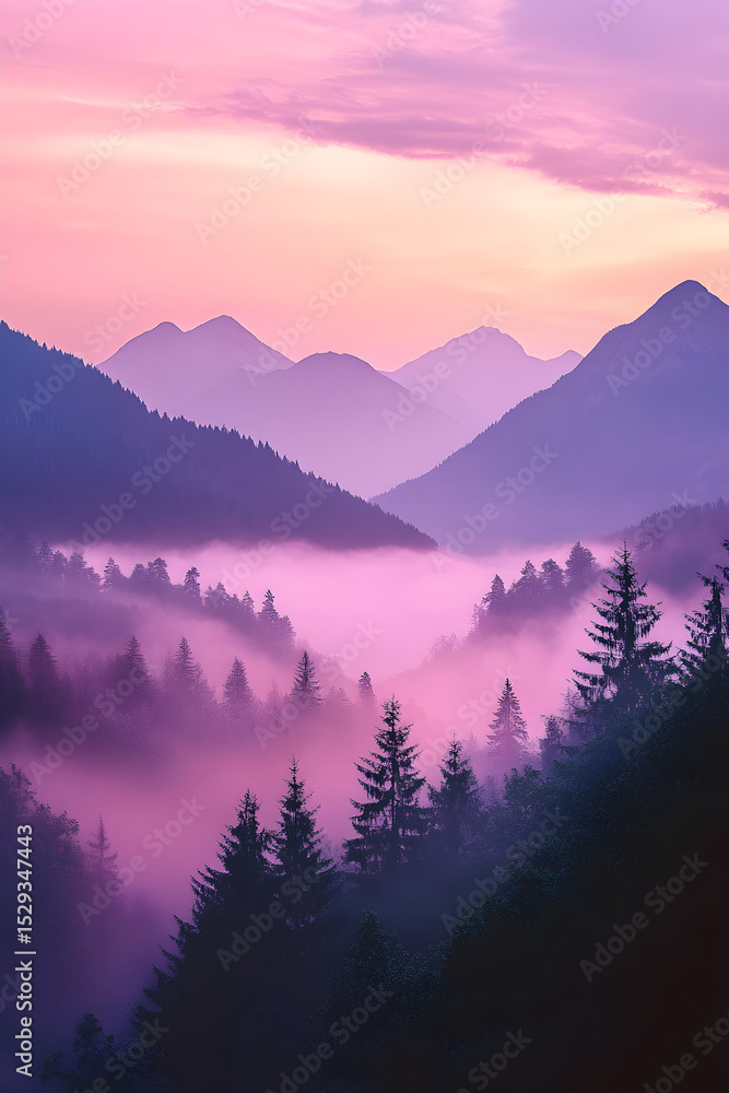 Obraz premium Mountain landscape with fog and forest