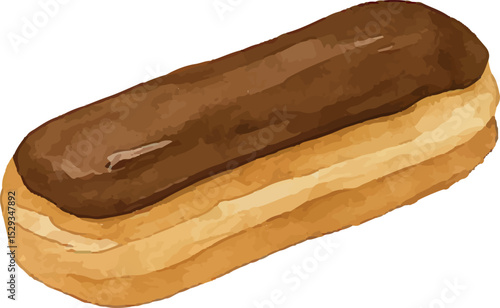 A creamy eclair with a chocolate glaze, hand-drawn in elegant tones. Ideal for French pastry designs, dessert menus, or gourmet food illustrations with a sophisticated, indulgent touch