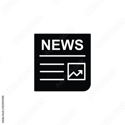 Black news icon depicting a newspaper with a graph showing growth.  Represents current events and information.