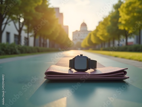 Wallpaper Mural Individual with a smart watch urban park and yoga mat overlay symbolizing balanced nomad life with copy space concept as An individual blended with a smart watch urban park and yo Cleans Torontodigital.ca