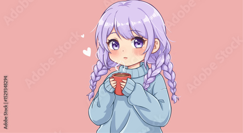 Beautiful vector cartoon art illustration of a little girl angel with a pink heart, smiling with her doll