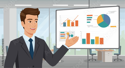 Businessman shows a virtual finance growth chart on a digital touchscreen display