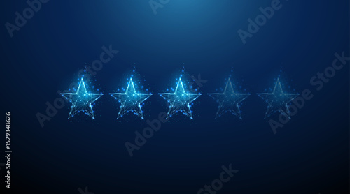 Blue three stars rating. Customer feedback, digital review, user satisfaction concept. Low poly style.
