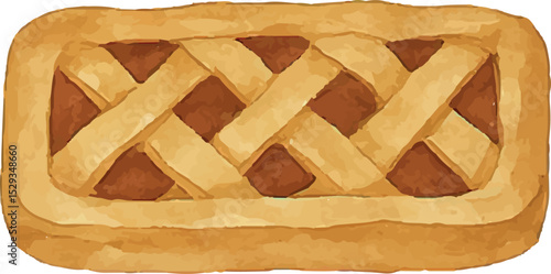 A whole golden pie with a lattice crust, hand-drawn in rustic tones. Ideal for holiday baking designs, family recipes, or cozy dessert illustrations with a traditional, appetizing look