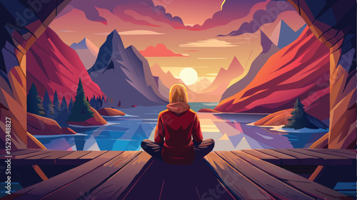 Woman meditating in lotus position on wooden pier in mountains. Cartoon vector illustration