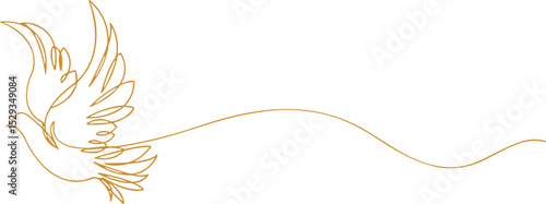 Elegant single line art drawing of a flying golden dove, symbolizing peace, freedom, spirituality, hope, and new beginnings, perfect for religious, memorial, and tranquil design 