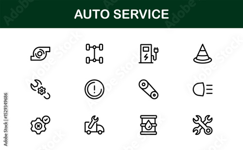Professional Auto Service Icon Set with Vector Illustrations for Garage, Repair, Maintenance, and Car Care