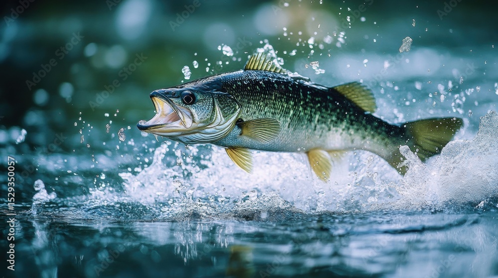 Large mouth bass leaps out of water, splashing droplets everywhere. Illustrates nature's power, or concepts of fishing, sports, and wildlife. Large mouth bass leaps out of water, splashing droplets everywhere. Illustrates nature's power, or concepts of fishing, sports, and wildlife.