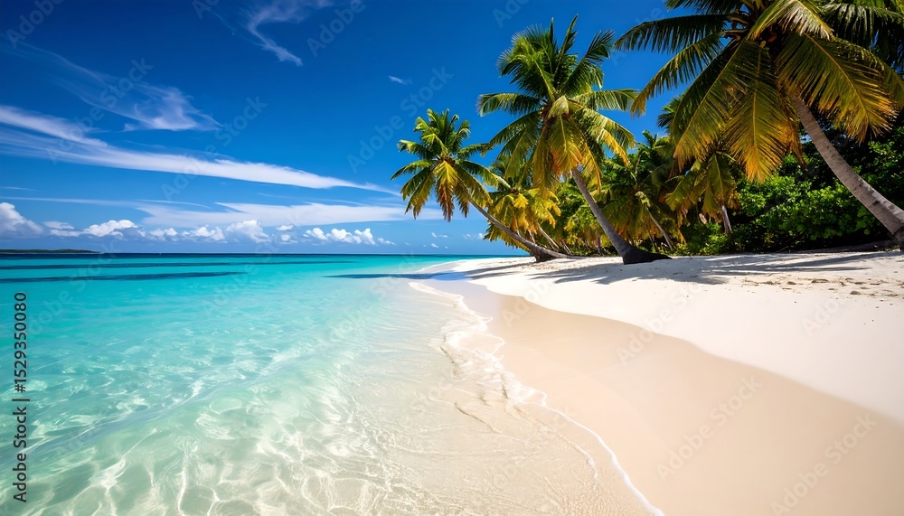 Naklejka premium Tropical beach with palm trees, and turquoise sea.
