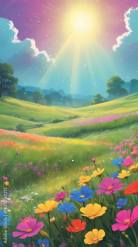 Fototapeta premium Serene floral meadow landscape under radiant sunshine and pastel sky artwork