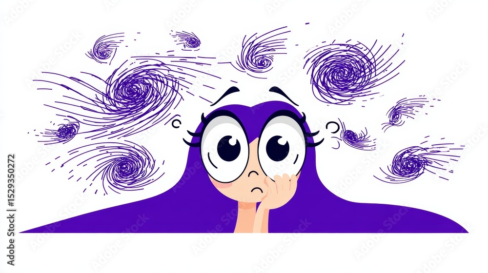 Fototapeta premium Cartoon character with purple hair looks puzzled, surrounded by swirling lines, representing confusion and chaotic thoughts in a whimsical illustration style