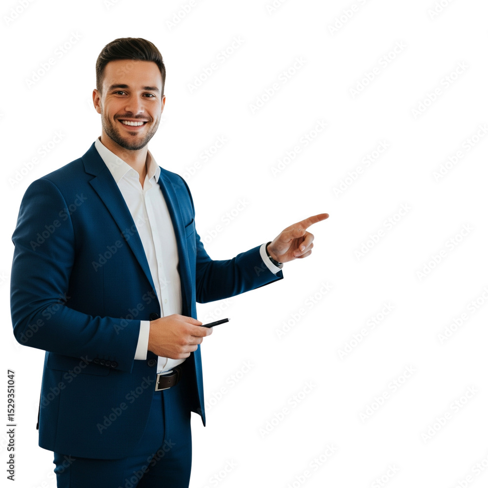Confident Businessman Presenting, Pointing to the Right, Success Concept Confident Businessman Presenting, Pointing to the Right, Success Concept