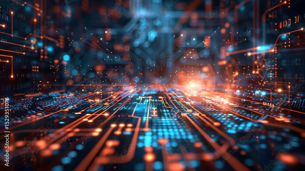 Fototapeta premium This high-tech image showcases intricate digital circuitry illuminated by vibrant blue and orange lights, representing the advanced technology and connectivity of modern computing.