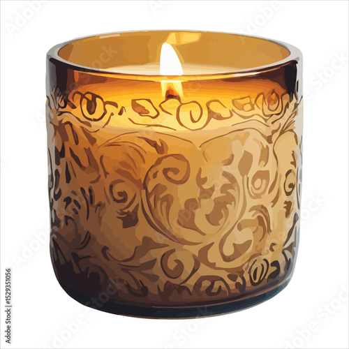 Elegant amber glass scented candle with glowing flame isolated on white background