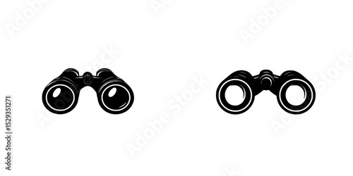 Icon set featuring black binoculars illustrations on a plain background for various design uses
