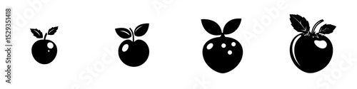 Collection of fruit icon designs showcasing different stylized apple shapes with leaves