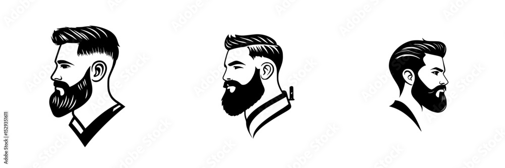 Stylish black icon illustrations of three men's profile views showcasing modern hairstyles and beard designs Stylish black icon illustrations of three men's profile views showcasing modern hairstyles and beard designs